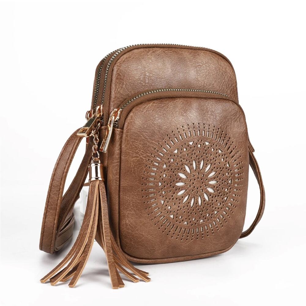 NWT brown vegan leather crossbody BoHo style bag purse handbag B18